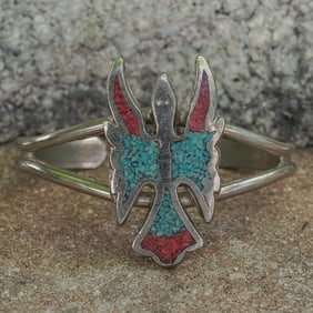 Vintage Navajo Sterling Silver, Turquoise & Coral Inlay Bracelet