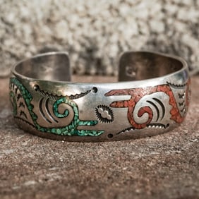Herman Begay Vintage Navajo Sterling Silver, Turquoise & Coral Inlay Cuff Bracelet