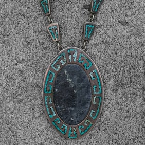 Vintage Taxco Sterling Silver & Turquoise Inlay Pendant Necklace