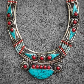 Tibetan Sterling Silver Turquoise & Coral Tribal Collar Necklace