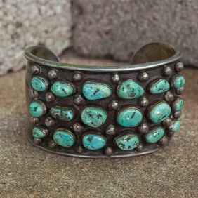 Vintage Signed Navajo Sterling Silver & Turquoise Cuff Bracelet