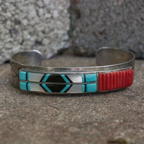 Tome Vintage Navajo Sterling Silver & Multi-Stone Inlay Cuff Bracelet
