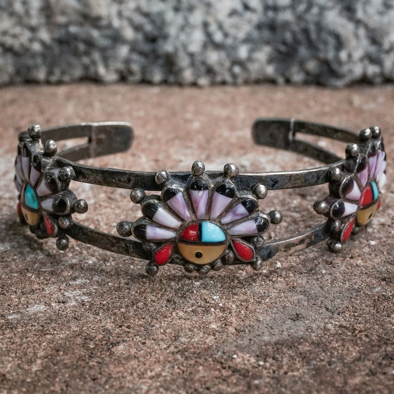 Signed Zuni Sterling Silver Sunface Inlay Cuff (1 of 7)