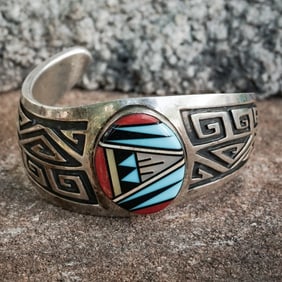 Vintage Zuni Sterling Silver Thunderbird Inlay Cuff Bracelet
