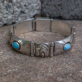 Signed Navajo Sterling Silver & Turquoise Panel Bracelet