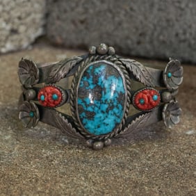 Navajo Vintage Sterling Silver Turquoise & Coral Cuff Bracelet Signed