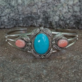 R. Boi Navajo Sterling Silver, Turquoise & Pink Conch Shell Bracelet