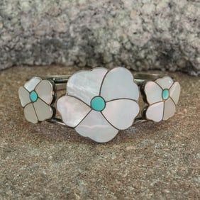 Signed Zuni Sterling Silver Mother-of-Pearl & Turquoise Inlay Cuff Bracelet
