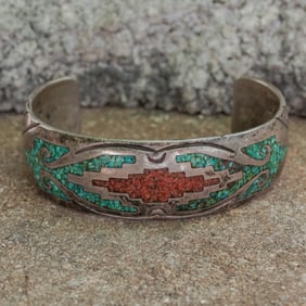 J. V. Begay Navajo Sterling Silver Turquoise & Coral Inlay Cuff Bracelet