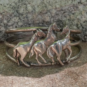 Carol Felley Vintage Sterling Silver Three-Horse Cuff Bracelet
