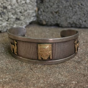 Vintage Peruvian Sterling Silver & 18K Gold Motif Cuff Bracelet