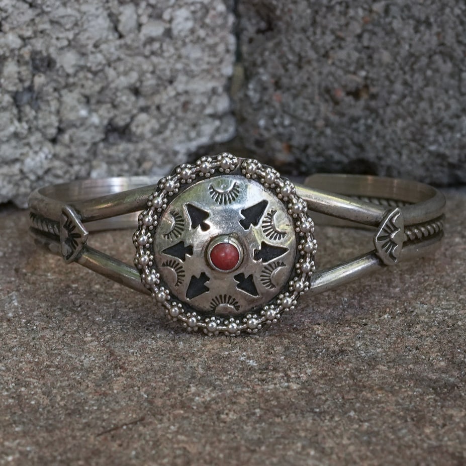 Signed Navajo Sterling Silver & Coral Cuff Bracelet (1 of 7)