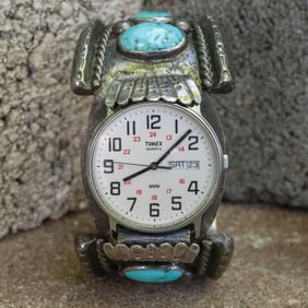 Vintage Signed Navajo Sterling Silver Turquoise Watch Cuff Bracelet