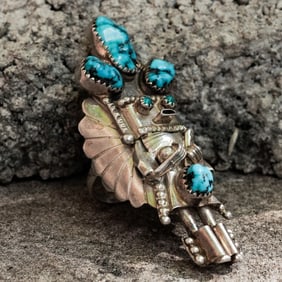 Signed Navajo Sterling Silver & Turquoise Kachina Ring