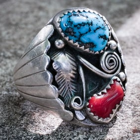 Vintage Navajo Sterling Silver, Turquoise & Coral Ring