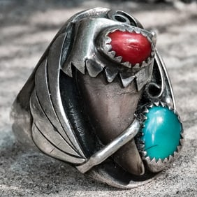 Vintage Signed Navajo Sterling Silver, Turquoise & Coral Ring