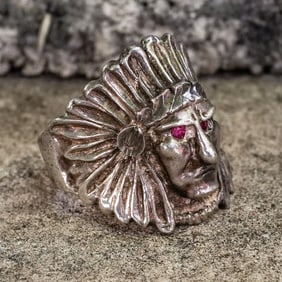 Vintage Navajo Sterling Silver & Ruby Chief’s Head Ring