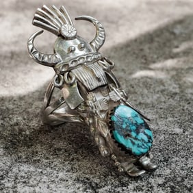 Vintage Signed Navajo Sterling Silver & Turquoise Kachina Ring