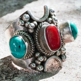 Vintage Mexican Sterling Silver, Turquoise & Carnelian Ring