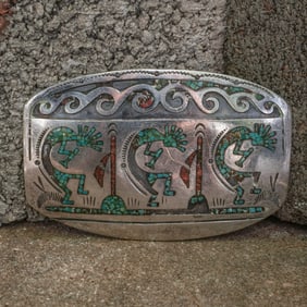 Vintage Navajo Sterling Silver Kokopelli inlay Belt Buckle Signed