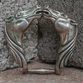 Signed Navajo Sterling Silver Double-Horse Head Belt Buckle