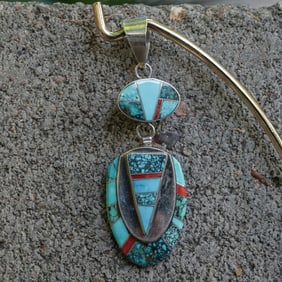 Navajo Yazzie Sterling Silver Turquoise & Coral Inlay Pendant