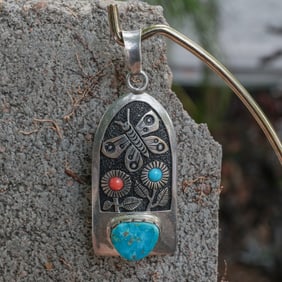Philbert Begay Navajo Sterling Silver, Turquoise & Coral Pendant