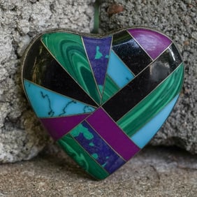 Sterling Silver Multi-Stone Inlay Heart Brooch Signed