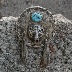 Vintage Signed Navajo Sterling Silver & Turquoise Bear Pendant