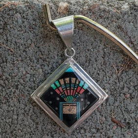 Vintage Zuni Sterling Silver & Multi-Stone Inlay Pendant Signed