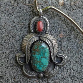 Vintage Signed Navajo Sterling Silver Turquoise & Coral Pendant