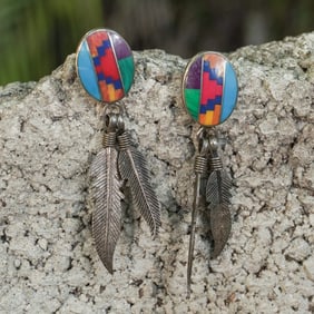Vintage Zuni Sterling Silver Multi-Stone Feather Earrings