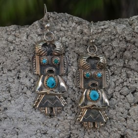 Vintage Signed Navajo Sterling Silver & Turquoise Kachina Earrings