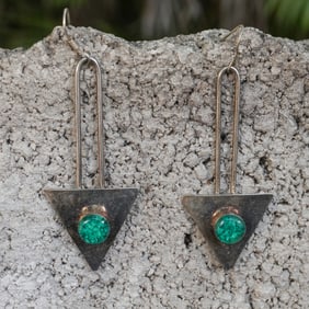 Vintage Modernist Sterling Silver & Green Cabochon Earrings