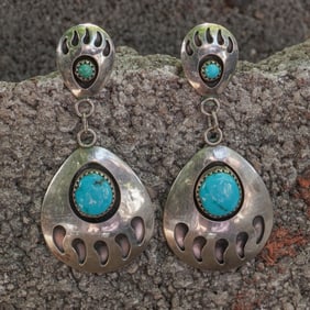 Vintage Navajo Sterling Silver Turquoise Bear Paw Earrings