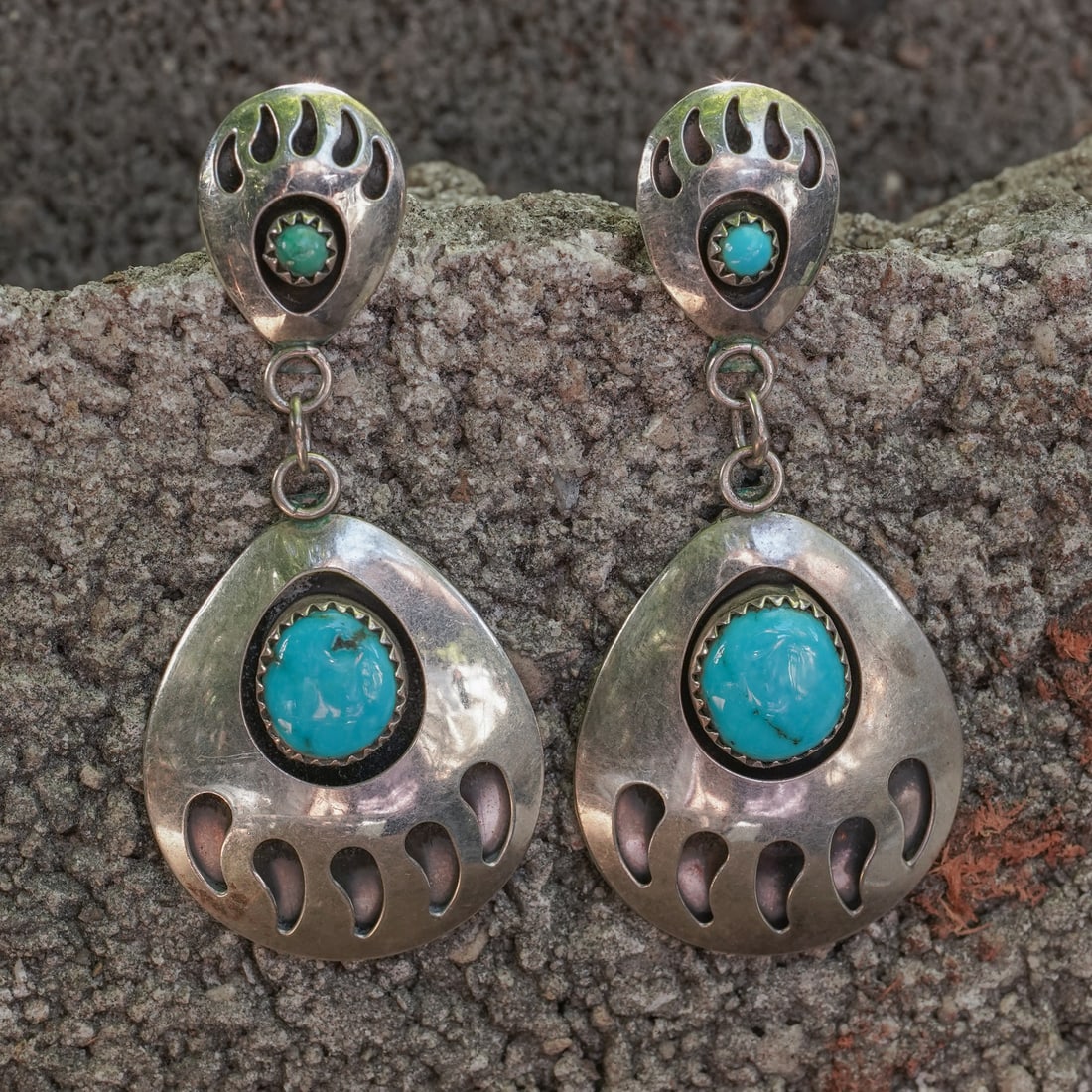 Vintage Navajo Sterling Silver Turquoise Bear Paw Earrings (1 of 6)