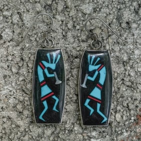 Vintage Sterling Silver Zuni-Style Inlay Dangle Earrings