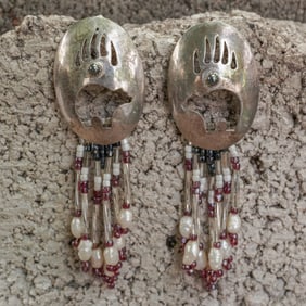 Navajo Sterling Silver Pearl & Garnet Bear Paw Dangle Earrings