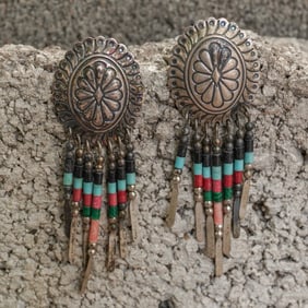 Vintage Navajo Sterling Silver & Multi-Stone Earrings Signed