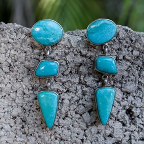 Vintage Navajo Sterling Silver & Turquoise Drop Earrings Signed