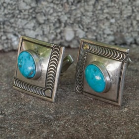 Vintage Navajo Sterling Silver & Turquoise Square Earrings