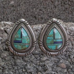 Vintage Signed Sterling Silver Turquoise & Lapis Inlay Earrings