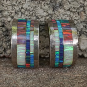 Vintage Zuni Sterling Silver & Multicolor Inlay Earrings Signed