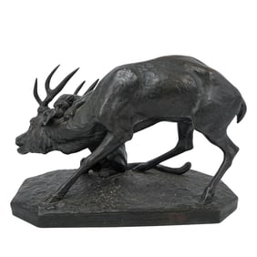 Antoine-Louis Barye (French, 1795-1875) "Panther Seizing a Stag" Bronze Sculpture
