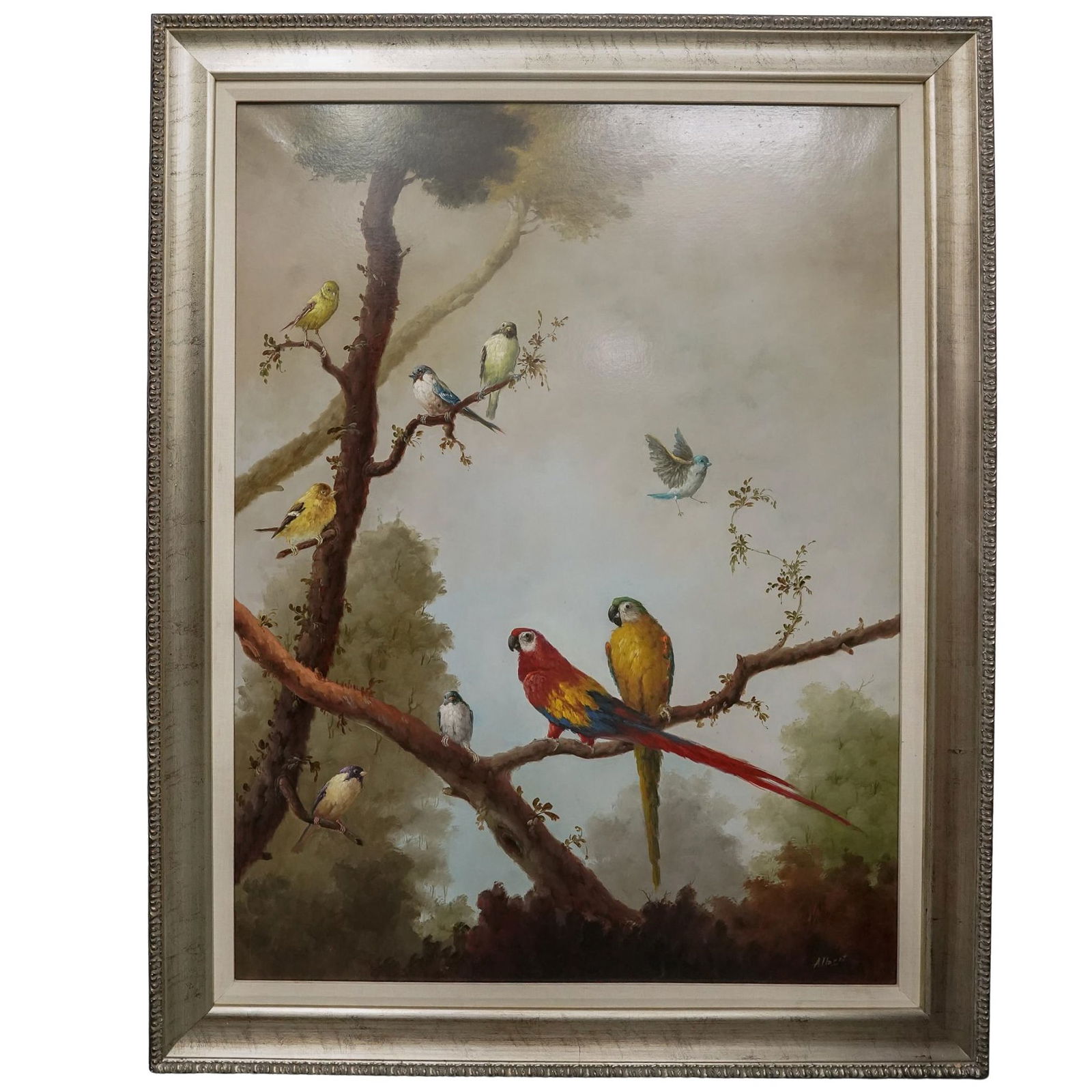 Jeannine Albert (French, b.1939) Oil on Canvas Birds Painting: Jeannine Albert (French, b.1939) Oil on Canvas Birds Painting20th Cent. FranceLarge and finely executed oil on canvas by French artist Jeannine Albert, depicting an assortment of exotic birds perched