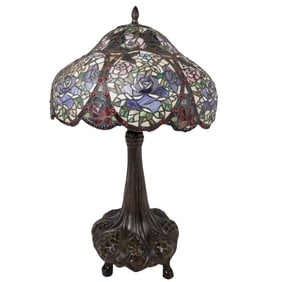 Art Nouveau Bronze & Slag Glass Lamp