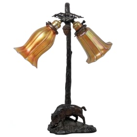 Antique Figural Bronze and Iridescent Shade Lamp
