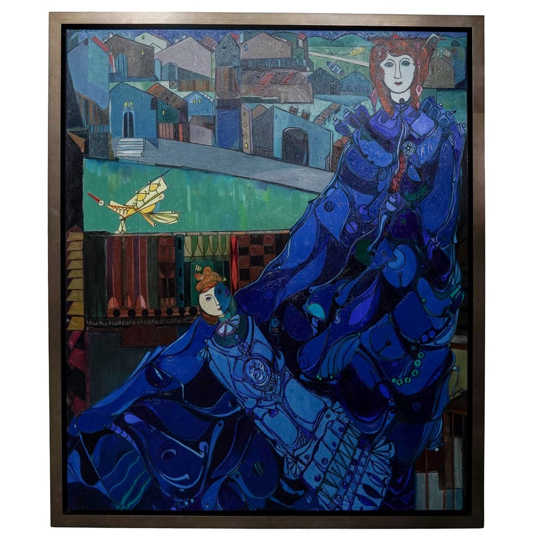 Jose Maria Mijares (Cuban, 1921-2004) Surrealist Oil on Canvas: Jose Maria Mijares (Cuban, 1921-2004) Surrealist Oil on Canvas1982, CubaA large surrealistic oil on canvas artwork featuring two figures in blue dresses in the foreground and a townscape in the backgr