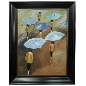 Robert J Calcagno (American, b. 1948) "Umbrellas on the Street" Oil on Canvas