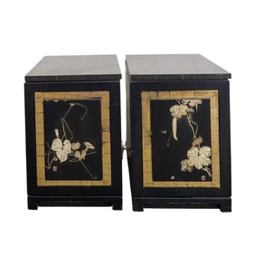 Pair of Japanese Shibayama Lacquered & Carved Bone Side Tables